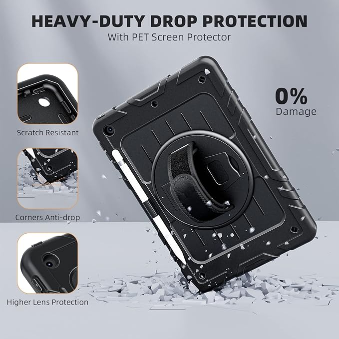 Case for iPad 9th/8th/7th Generation-Built-in Screen Protector,with Pencil Holder&360°Rotating Hand Strap,Shoulder Strap,Case for iPad 10.2 inch 2021-2019(Black)