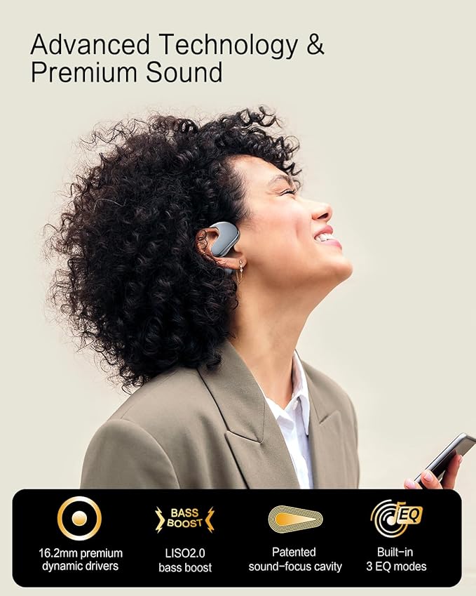 Open Ear Headphones, Dynamic Bass Boost Bluetooth 5.4 Air Conduction Wireless Earbuds w/16.2mm Large Driver, 50H Playtime, 3 EQ Modes, ENC Mic, IPX5, Lightweight Fit for Workout Running Beige