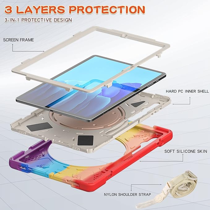 360 Rotation Portable Case for Galaxy Tab S8+/S7 FE/S7+ 12.4 Inch Case with S Pen Holder Rugged Case Rotating Stand Hand Strap Shoulder Carrying Strap Outdoor Cover (Colourful Red)