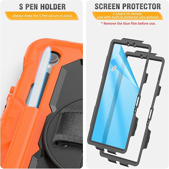 HXCASEAC Case for Samsung Galaxy Tab S10 Lite / S10 FE / S9 FE 5G 10.9 inch, Shockproof Design with Screen Protector/Hand Strap/S Pen Holder, Protective Samsung Galaxy S10 Lite Tablet Case, Orange