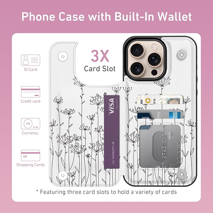 FUNMIKO for iPhone 16 Pro Wallet Case with Card Holder, RFID-Blocking, Military-Grade Protection & UV-Printed Artwork, Magnetic Closure with Leather Kickstand - Elegantly Sketched Flower