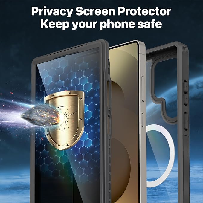 CENHUFO Magnetic Privacy for Samsung Galaxy S25 Ultra Case, Full Body Phone Case with Built-in 9H Tempered Glass Privacy Screen Protector and Camera Lens Cover, Shockproof Protective Bumper - Grey