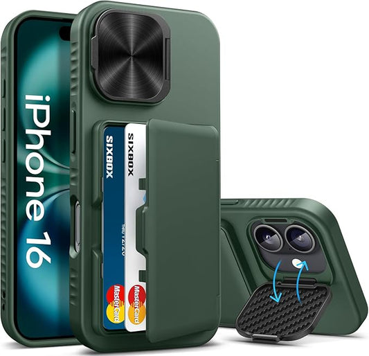 for iPhone 16 Case Wallet with Stand, Built-in Card Holder & Camera Cover, Military Grade Drop Protection Shockproof Rugged Protective Multifunctional Phone Case for iPhone 16 6.1" 2024, Green