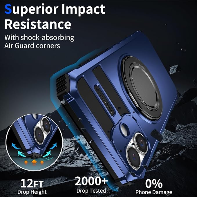 for iPhone 16 Case Compatible with MagSafe Magnetic,with 2 Tempered Glass Screen Protectors,Built-in 360°Kickstand Ring,Military Grade Drop Shockproof Heavy Duty Protection Phone Bumper Blue