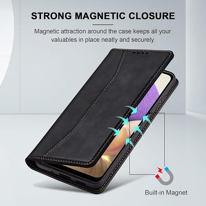 Jasonyu Flip Wallet Case for Samsung Galaxy A32 5G,Leather Magnetic Folio Cover with Card Holder,Kickstand - TPU Shockproof Durable Protective Phone Case,Black