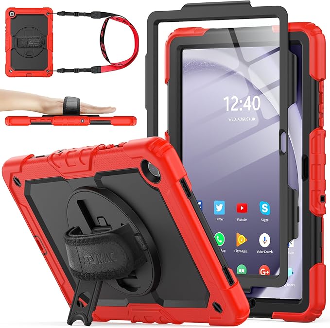 SEYMAC stock Case for Samsung Galaxy Tab A9+ Plus 11'', Full-Body Drop Protection Case with Screen Protector Pencil Holder [360° Rotating Hand Strap] &Stand, Red+Black