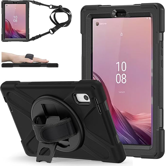 ZenRich Carrying Case for Lenovo Tab M9 2023 9.0''(TB-310FU/ TB-310FX), Heavy Duty Rugged Full-Body Protective Case with 360 Rotating Stand/Hand Strap/Shoulder Belt for Lenovo Tab M9 9 inch,Black