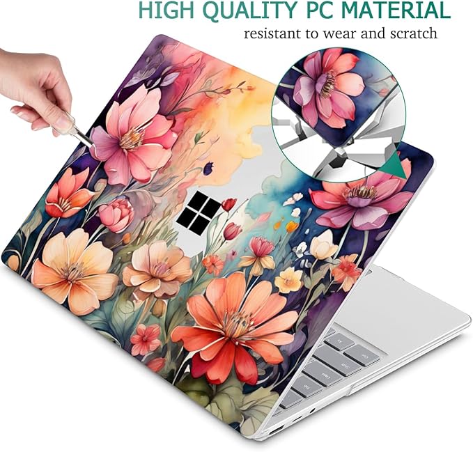 Tuiklol Case for 12.4 Inch Microsoft Surface Laptop Go 3/2 / 1 2023-2020 Releases, Plastic Hard Shell Case with Screen Protector and Keyborad Cover +Dust Plugs Model 2013/1943,Ilustration Flowers
