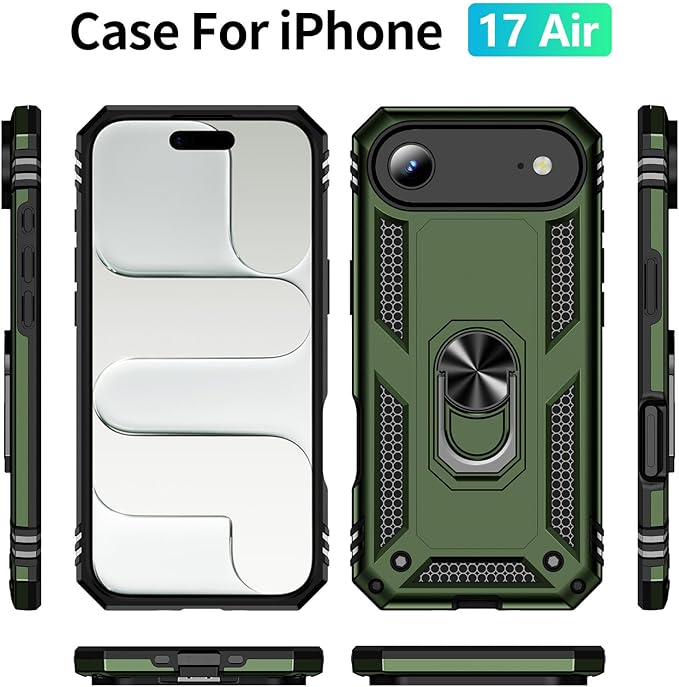 ADDIT Compatible with iPhone 17 Air Case with Tempered Glass Screen Protector, Adjustable Kickstand Ring, Military-Grade Heavy Duty Protection, Shockproof, Anti-Fingerprint,ArmyGreen