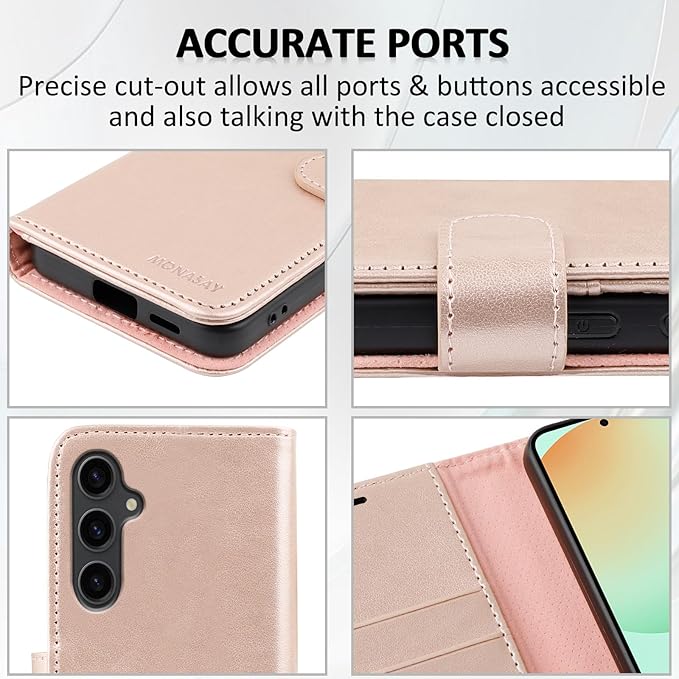 MONASAY Wallet Case Fit for Samsung Galaxy S24 FE 6.1 inch 5G,[RFID Blocking] Flip Folio Leather Cell Phone Cover with Credit Card Holder, Rosegold