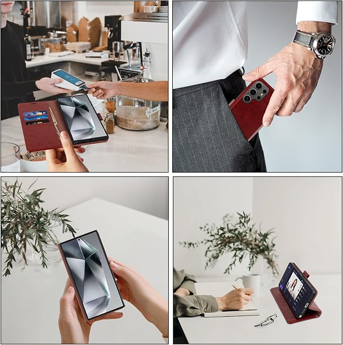 MONASAY Wallet Case Fit for Samsung Galaxy S24 Ultra 5G，[Lens & Glass Screen Protector] [RFID Blocking] Flip Folio Leather Cell Phone Cover with Credit Card Holder, 6.8 inch, Burgundy