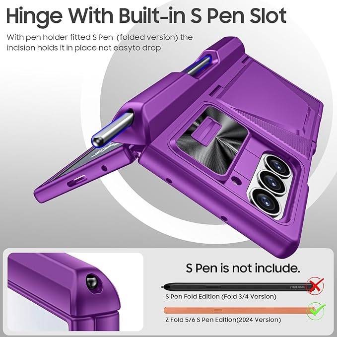 for Samsung Galaxy Z Fold 6 Case with Card Holder, Built in RFID Blocking& S Pen Holder& Slide Camera Cover& Hinge Protection& Full-Body Rugged Shockproof Wallet Case for Galaxy Z fold 6, Purple