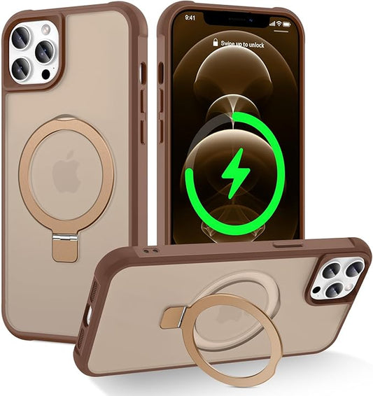 Magnetic Compatible with iPhone 12 Pro Max Case with Stand [Military Grade Drop Tested][Compatible with Magnet] Ring Translucent Slim Hard Back Soft Edge, Desert Gold