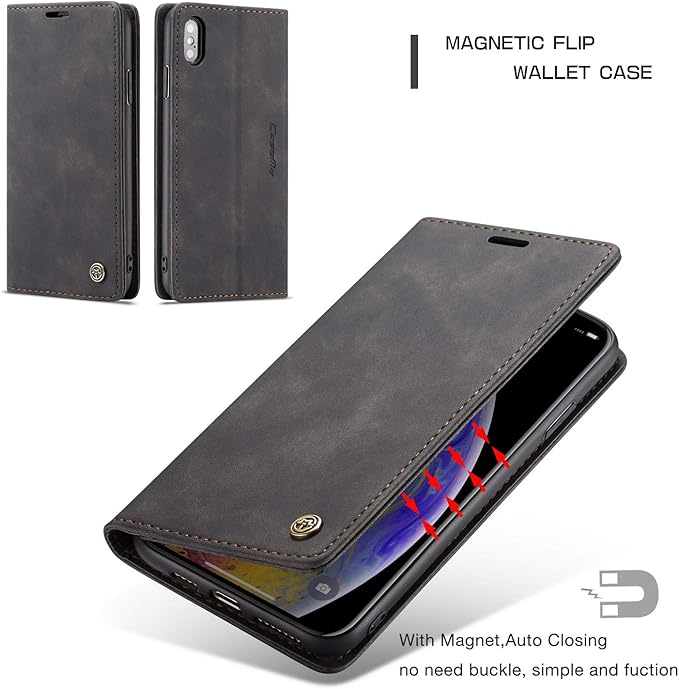 for iPhone X/iPhone Xs Case, Flip Wallet Leather Case with Card Holder Magnetic Closure Shockproof Kickstand Protective Phone Cases Cover for iPhone X, Black