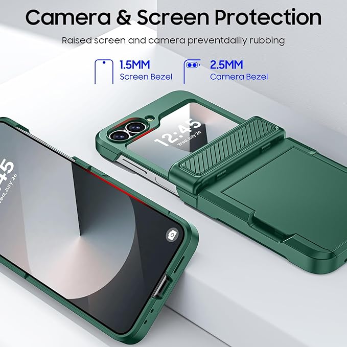 CENMASO for Samsung Galaxy Z Flip 6 Case/Z Flip 7 FE Case with Card Holder [RFID Blocking] & Hinge Protection & Screen Protector, Full-Body Shockproof Phone Case for Z Flip 6/Z Flip 7 FE-Green