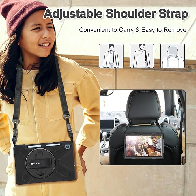 BATYUE Case for Samsung Galaxy Tab S6 Lite 10.4 Inch 2024/2022/2020 (SM-P610/P613/P615/P619/P620/P625/P627), Protective Cover with Pencil Holder, Shoulder Strap, Hand Strap, Kickstand (Black)