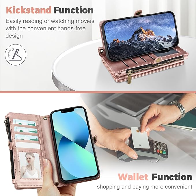 for iPhone 15 Wallet Phone Case with 7 Card Holder,RFID Blocking | PU Leather | Kickstand | Flip | Wrist Strap&Shoulder Strap | Shockproof | Zipper Wallet | Women Men | 6.1" | Rose Gold