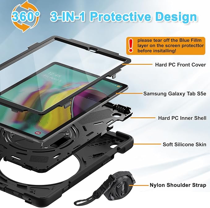 BRAECNstock for Samsung Galaxy Tab S5e Case 10.5 inch 2019 (SM-T720/T725/T727) Shockproof Protective Galaxy S5e Tablet Case for Kids with Screen Protector Pen Holder Rotating Stand+Hand Strap - Black