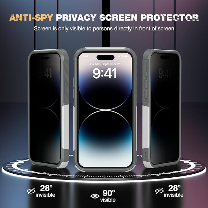 Diaclara Designed for iPhone 14 Pro Max Case, [with Privacy Screen Protector] [Anti Spy] [Military Grade Drop Protection] Heavy Duty Full-Body Shockproof Phone Case, White