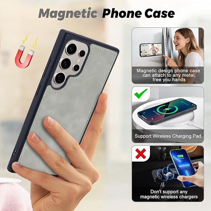 TwoHead for Samsung Galaxy S24 Ultra Wallet Case with Card Holder & Detachable Magnetic Phone Case for Galaxy S24 Ultra,PU Leather Shockproof Protective Phone Cover Wallet(6.8 in,Gray)