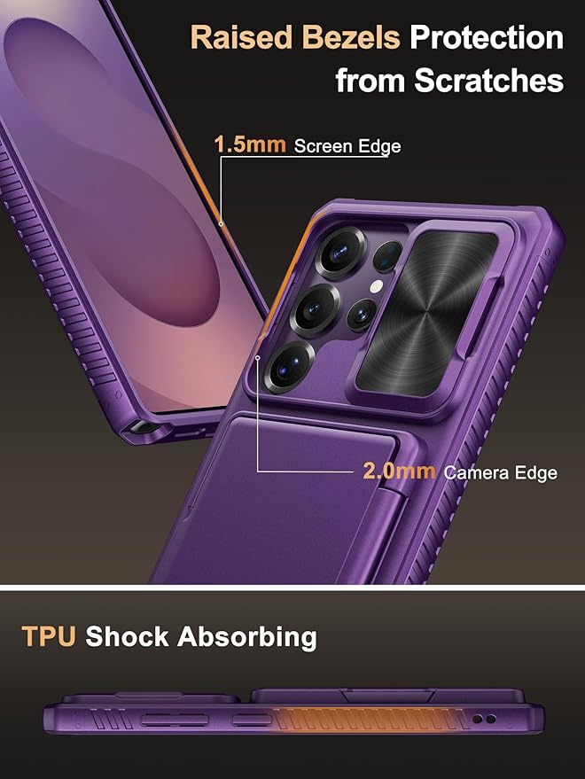 Vihibii for Samsung Galaxy S25 Ultra Wallet Case, Built-in Card Holder (4 Cards), [RFID Blocking] & Slide Camera Lens Protective Cover, Heavy Duty Phone Cover for Samsung Galaxy S25 Ultra, Dark Purple