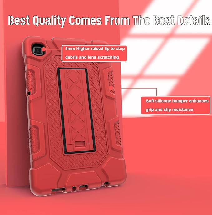 Rantice Samsung Galaxy Tab A7 Lite Case 2021, Hybrid Case with Kickstand, Shock Absorbing Bumps, Anti-Slip Grid Pattern, Red+Black