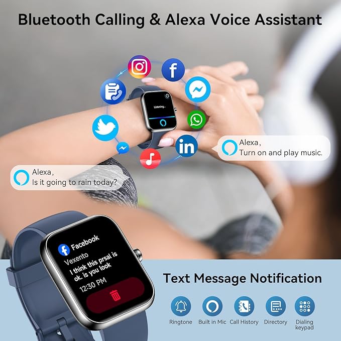 Smart Watch with Alexa Built-in, 1.83" HD Touchscreen & Fitness Tracker with Message Call Function, 24/7 Heart Rate/Sleep Monitor, 120+ Sport Modes, IP68 Waterproof, for Android iPhone (Blue)