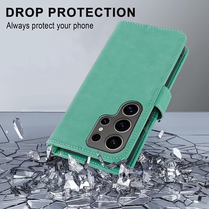 MONASAY Wallet Case Fit for Samsung Galaxy S24 Ultra 5G，[Lens & Glass Screen Protector] [RFID Blocking] Flip Folio Leather Cell Phone Cover with Credit Card Holder, 6.8 inch, Mint