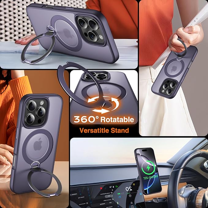 360° O-Ring MagStander for iPhone 16 Pro Case with Magnetic Kickstand Ring Holder [Compatible with MagSafe][360°Rotate Stand Ring][Military Shockproof] iPhone 16 Pro Phone Cover Matte Purple