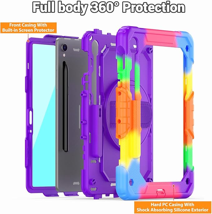 SEYMAC Case for Samsung Galaxy Tab S10 Lite/ S10 FE/ S9 FE/ S9 5G (10.9''/11''), Heavy Duty Shockproof Protective Case with Screen Protector, Rotating Stand, Hand Strap and Pen Holder, Purple