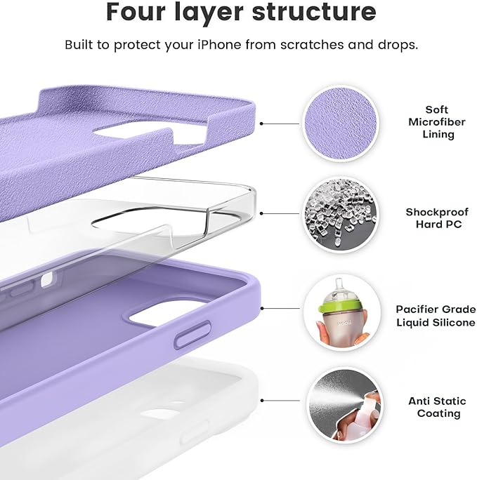 Vooii Compatible with iPhone 12 Case/iPhone 12 Pro Case, Liquid Silicone Upgrade [Soft Anti-Scratch Microfiber Lining] [Shockproof Drop Protection] Phone Case 6.1 inch - Light Purple