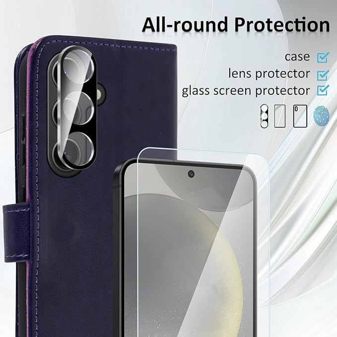 MONASAY Wallet Case Fit for Samsung Galaxy S24 5G, [Lens & Glass Screen Protector Included] [RFID Blocking] Flip Folio Leather Cell Phone Cover with Credit Card Holder, 6.2 inch, Purple