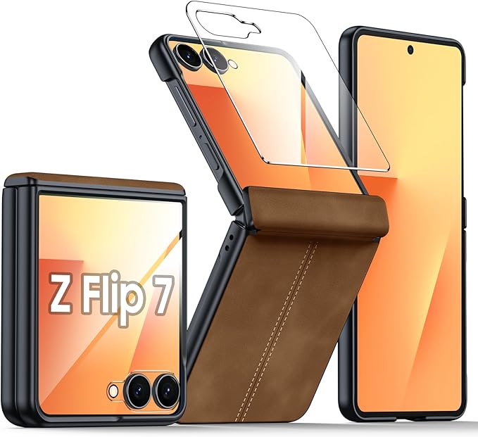 for Samsung Galaxy Z Flip 7 Case with Hinge Protection & Built-in Screen Protector, Ultra Thin Stylish Leather Matte PC Durable Shockproof Cover Phone Case for Galaxy Z Flip 7-Brown