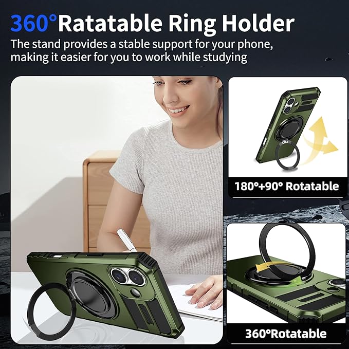 for iPhone 16 Case Compatible with MagSafe Magnetic,with 2 Tempered Glass Screen Protectors,Built-in 360°Kickstand Ring,Military Grade Drop Shockproof Heavy Duty Protection Phone Bumper Green