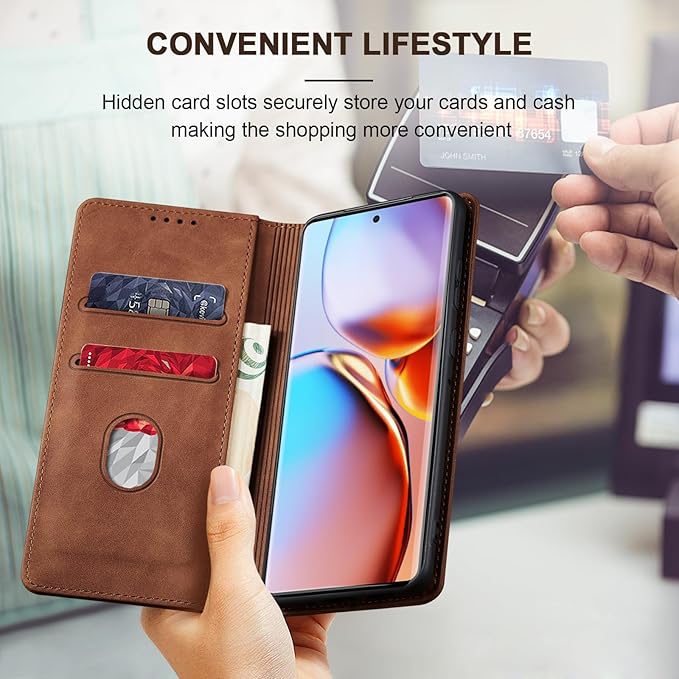 Jasonyu Flip Wallet Case for Motorola Edge+ (2023)/Moto Edge Plus (2023),Leather Magnetic Folio Cover with Card Holder,Kickstand - TPU Shockproof Durable Protective Phone Case,Brown