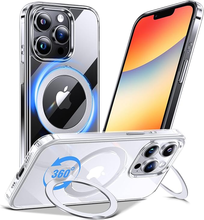 Anqrp 360° All-in-ONE Crystal Clear Case for iPhone 13 Pro with Rotatable Magnetic Stand, Compatible with Mag-Safe, Anti-Yellowing Transparent MIL-Grade Shockproof Phone Case Cover for iPhone 13 Pro
