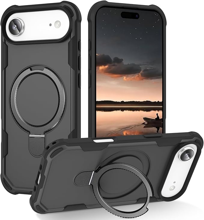 Compatible with iPhone 17 Air Case with Invisible Magnetic Ring Stand [Compatible with Magnetic] [Military Drop Protection] Shockproof Slim Hard Back Soft Edge Case 6.6 Inch, Black