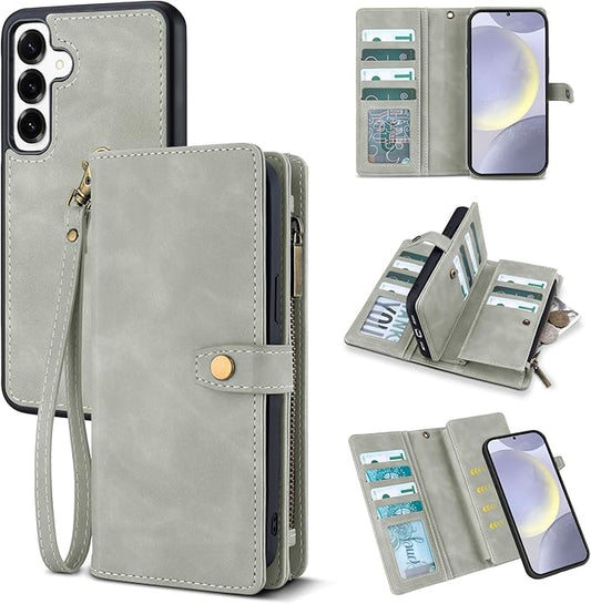 TwoHead for Samsung Galaxy S24 Plus Wallet Case with Card Holder,Detachable Magnetic Phone Case for Galaxy S24 Plus,PU Leather All-Round Protective Phone Cover Wallet with Strap(6.6 in,Gray)