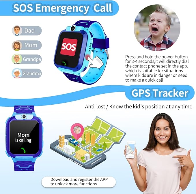 2G Kids GPS Watch, Waterproof Smart Tracker for Boys Girls Ages 3-12 - 2-Way Calling, SOS Button, No Games, 7-Day Battery, Birthday Gift (Blue)