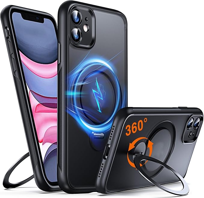 360° O-Ring MagStander for iPhone 11 Case with Magnetic Kickstand Ring Holder [Compatible with MagSafe][360°Rotate Stand Ring][Military Shockproof] Magnet iPhone 11 Phone Cover Matte Black