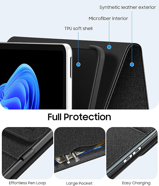 Fintie Protective Case for Microsoft Surface Pro 12 Inch (2025), Multi-Angle Viewing Portfolio Business TPU Back Cover with Pocket & Stylus Holder, Compatible with Type Cover Keyboard (Black)