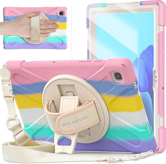 BRAECNstock for Samsung Galaxy Tab A7 10.4 inch Case 2022/2020 (SM-T500/T505/T509) with Screen Protector Shockproof Protective Tab A7 Kids Case with Rotating Stand+Hand Strap Pen Holder - Rainbow Pink
