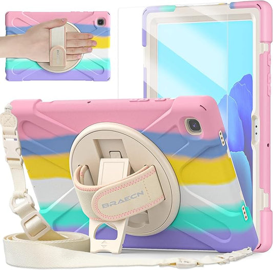 BRAECNstock for Samsung Galaxy Tab A7 10.4 inch Case 2022/2020 (SM-T500/T505/T509) with Screen Protector Shockproof Protective Tab A7 Kids Case with Rotating Stand+Hand Strap Pen Holder - Rainbow Pink
