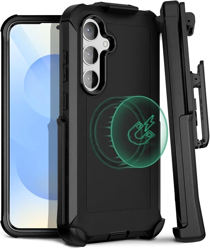 MOTIVE Designed for Samsung Galaxy s25 Case with Belt Clip, Magnetic Case Magsafe Compatible, Heavy Duty and Quad Layer Military Protection for s25 Holster, 6.2" | Black [Fits s24 Phone]