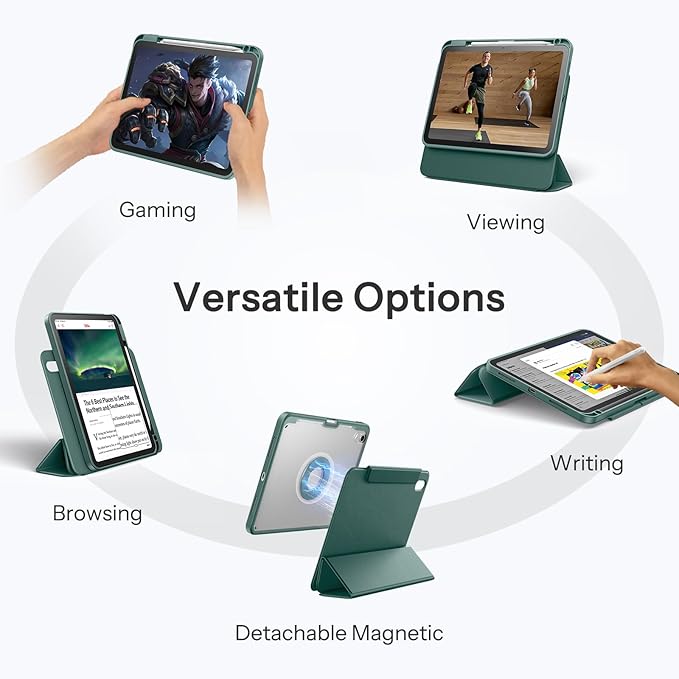 SPARIN Case for iPad A16 11th/10th Generation 2025/2022 (11"/10.9") with Pencil Holder, Magnetic Detachable Hybrid Stand, Portrait/Landscape Angle, Auto Wake/Sleep-Midnight Green