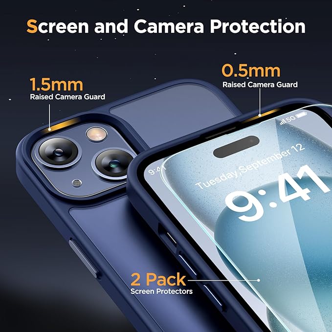 Miracase Magnetic for iPhone 15 Case (Compatible with MagSafe)（with 2X Screen Protectors） Military-Grade Protection, Anti-Fingerprint Translucent Matte Phone Cover for iPhone 15 6.1 inch, Dark Blue