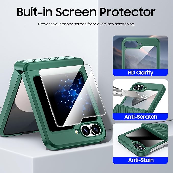 CENMASO for Samsung Galaxy Z Flip 6 Case/Z Flip 7 FE Case with Card Holder [RFID Blocking] & Hinge Protection & Screen Protector, Full-Body Shockproof Phone Case for Z Flip 6/Z Flip 7 FE-Green