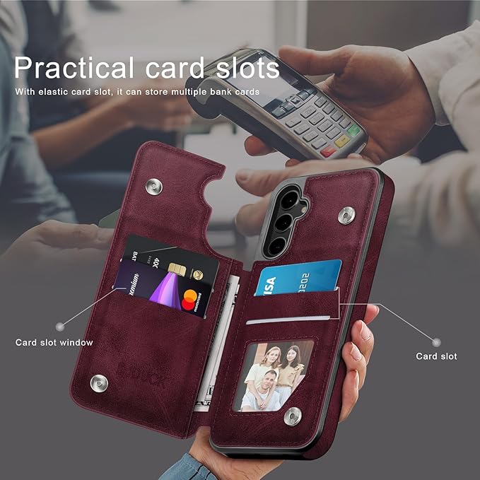 DJDUCK Designed for Samsung Galaxy S25 Case Wallet with Card Holder, [Magnetic Clasp Cover] [RFID Blocking Leather Protection] Shockproof Women Men Cases for Samsung S25 Wine Red