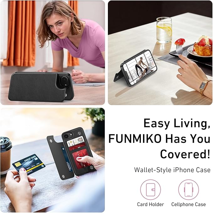 FUNMIKO for iPhone 16e Wallet Case with Card Holder, RFID-Blocking, Military-Grade Protection & UV-Printed Artwork, Magnetic Closure with Leather Kickstand - Black