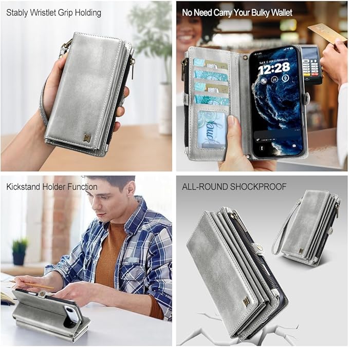 for iPhone Air Wallet Phone Case with 8 Card Holder,RFID Blocking | PU Leather | Kickstand | Flip | Wrist Strap&Shoulder Strap | Shockproof | Zipper Wallet | Women Men | 6.5" |Silvery